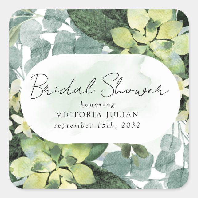 Eucalyptus Watercolor Chic Bridal Shower Square Sticker (Front)