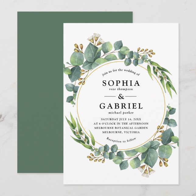 Eucalyptus Watercolor Floral Circle Frame Invitation (Front/Back)