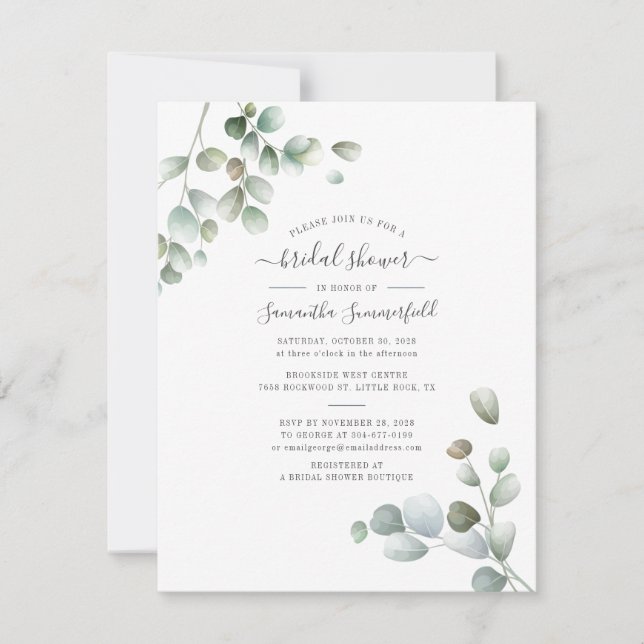 Eucalyptus Watercolor Foliage Script Bridal Shower Invitation (Front)