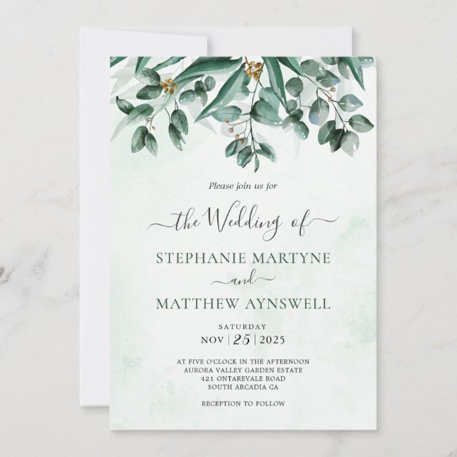 Eucalyptus Watercolor Foliage Wedding Invitation (Front)