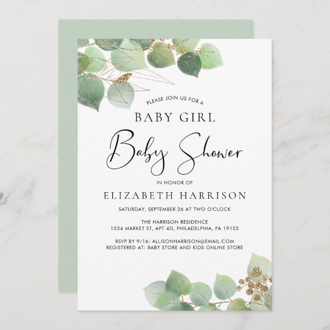 Eucalyptus Watercolor Girl Baby Shower Invitation (Front/Back)