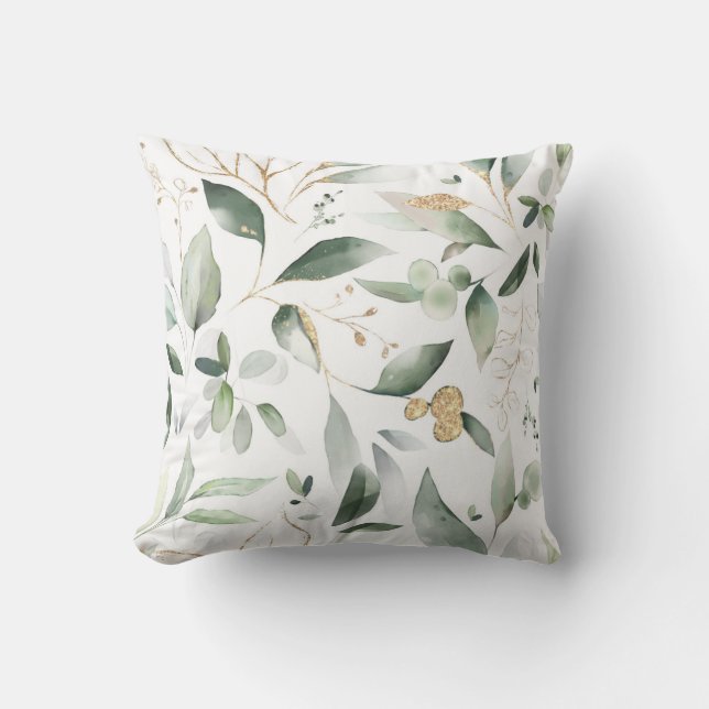 Eucalyptus Watercolor Gold Leaves Outdoor Cushion (Front)