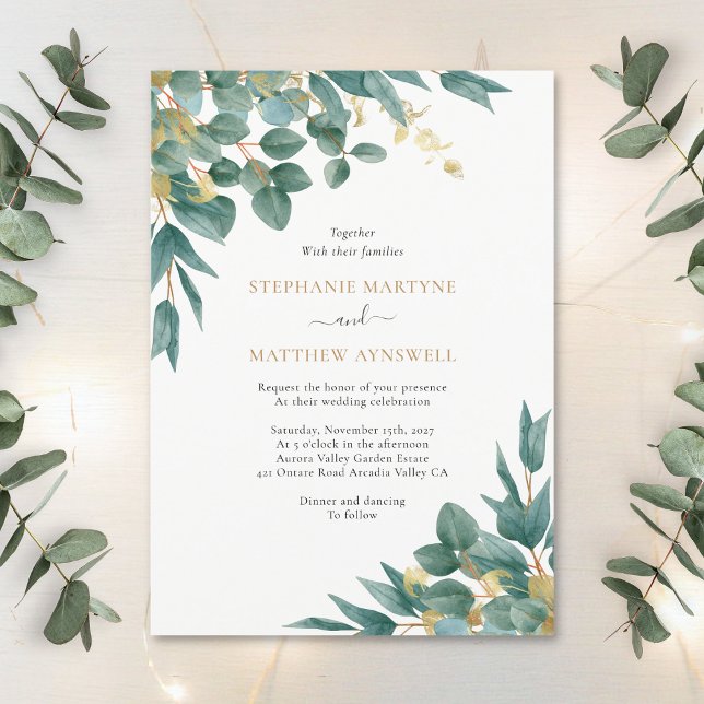 Eucalyptus Watercolor Gold Leaves Wedding Invitation (Creator Uploaded)