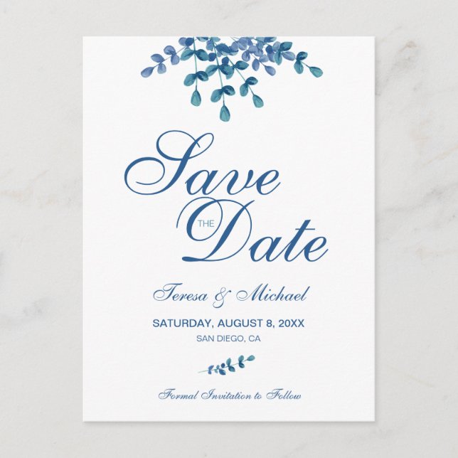Eucalyptus Watercolor Green Wedding Save the Date Postcard (Front)