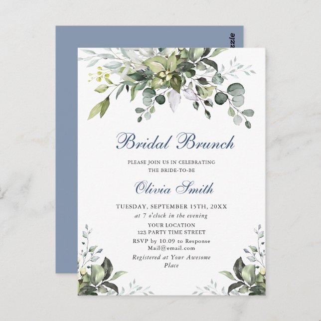 Eucalyptus Watercolor Greenery Bridal Brunch Invit Postcard (Front/Back)