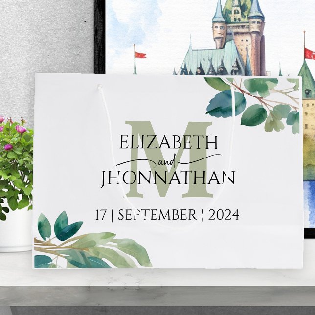 Eucalyptus watercolor greenery monogram wedding  large gift bag (Creator Uploaded)