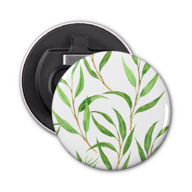 Eucalyptus watercolor pattern on white bottle opener (Front)