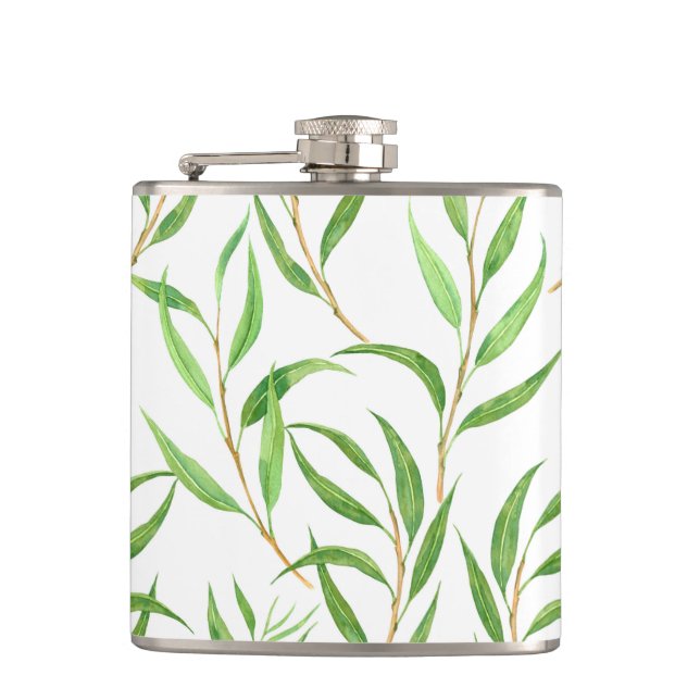 Eucalyptus watercolor pattern on white hip flask (Front)