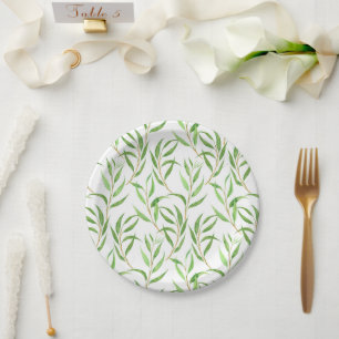 Eucalyptus watercolor pattern on white paper plate