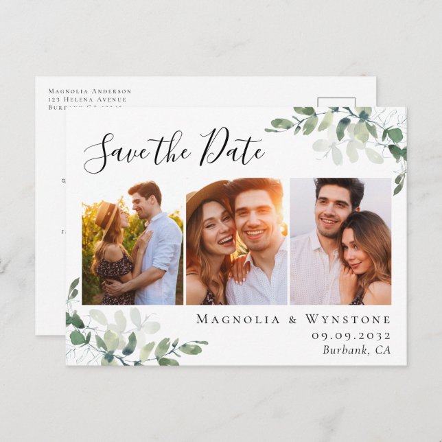 Eucalyptus Watercolor Photo Wedding Save the Date Announcement Postcard (Front/Back)