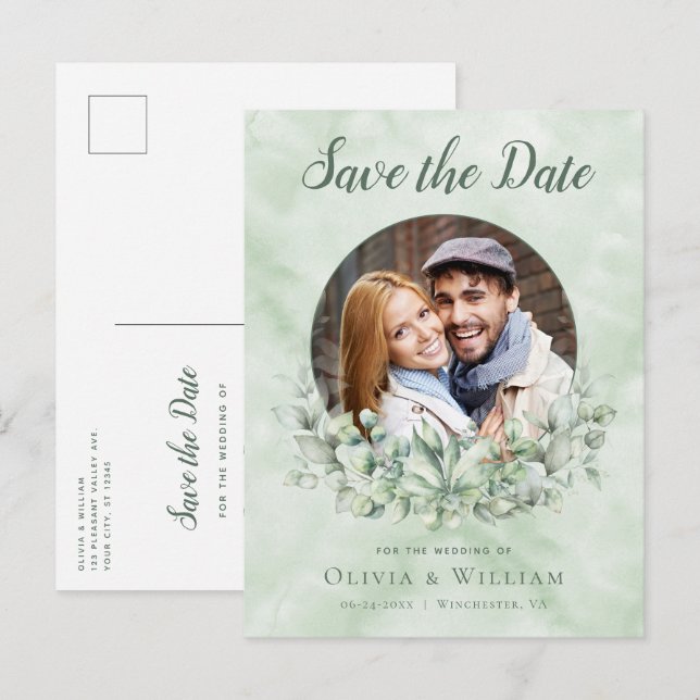Eucalyptus Watercolor Photo Wedding Save the Date Announcement Postcard (Front/Back)