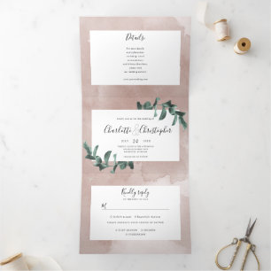 eucalyptus watercolor pink all in one wedding Tri-Fold invitation