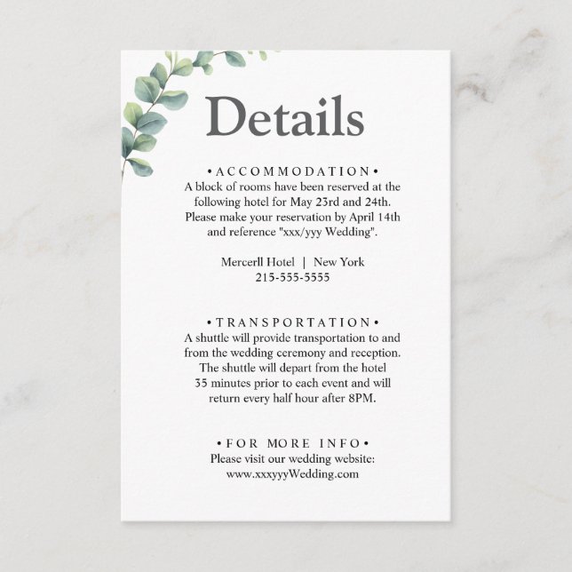 Eucalyptus watercolor Rustic Greenery Wedding Enclosure Card (Front)