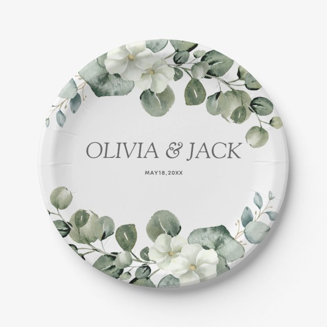 Eucalyptus watercolor Rustic Greenery Wedding Paper Plate (Front)