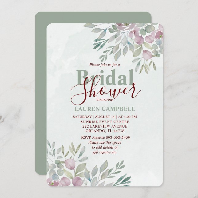 Eucalyptus Watercolor Sage Green Burgundy  Invitation (Front/Back)