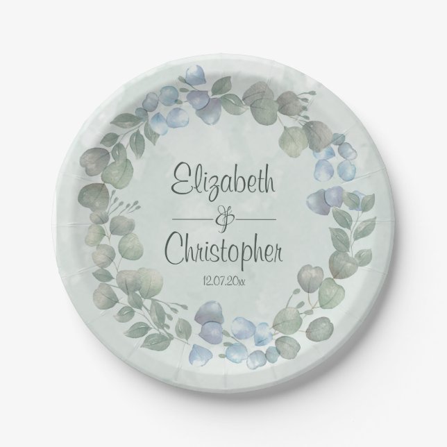 Eucalyptus Watercolor Sage Green Dusty blue Paper Plate (Front)