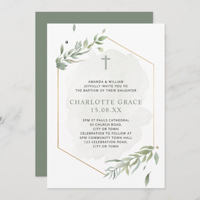 Eucalyptus Watercolor Sage Green & Gold Baptism In Invitation (Front/Back)