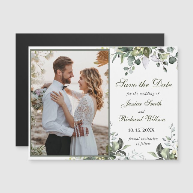 Eucalyptus Watercolor Save the Date Magnetic Card (Front/Back)