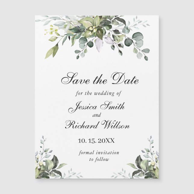 Eucalyptus Watercolor Save the Date Magnetic Card (Front)