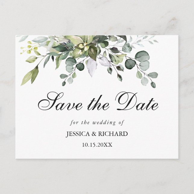Eucalyptus Watercolor Save the Date Postcard (Front)