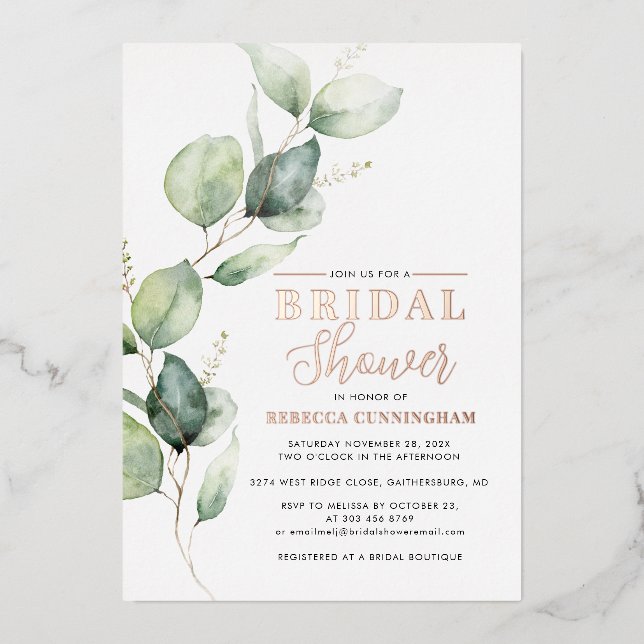 Eucalyptus Watercolor Script Bridal Shower Gold (Front)