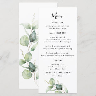 Eucalyptus Watercolor Script Wedding Dinner Menu