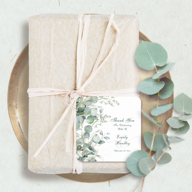 Eucalyptus Watercolor Script Wedding Thank You Fav Square Sticker (Creator Uploaded)