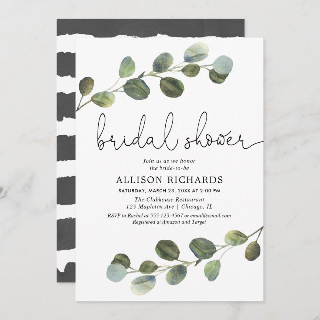 Eucalyptus watercolor simple modern bridal shower invitation (Front/Back)