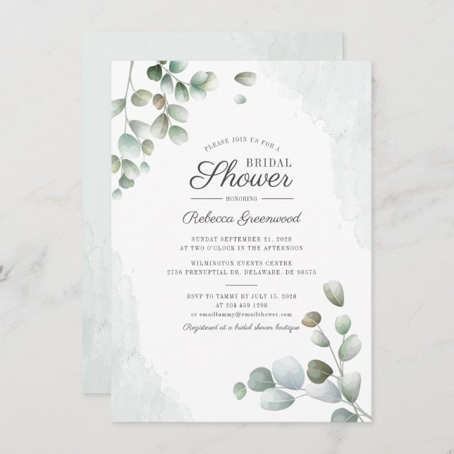 Eucalyptus Watercolor Succulent Bridal Shower Invitation (Front/Back)