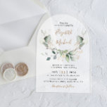 Eucalyptus Watercolor Wedding Frosted Arch Acrylic Invitations<br><div class="desc">Elegant botanical arch-shaped frosted acrylic wedding invitation featuring watercolors of sage green eucalyptus greenery,  laurel leaves and gold accents,  with modern typography and your first names in a stylish gold script.</div>