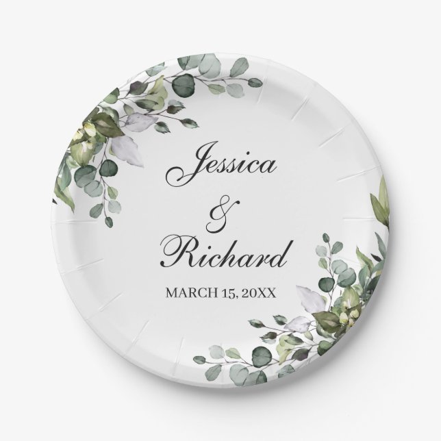 Eucalyptus Watercolor Wedding Paper Plates (Front)