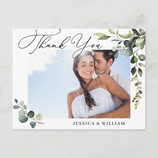 Eucalyptus Watercolor Wedding Photo Thank You QR Postcard (Front)