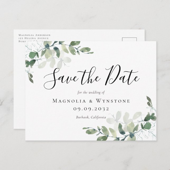 Eucalyptus Watercolor Wedding Save The Date Postcard (Front/Back)