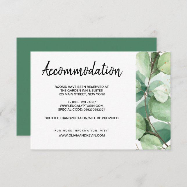 Eucalyptus wedding accommodations details card (Front/Back)