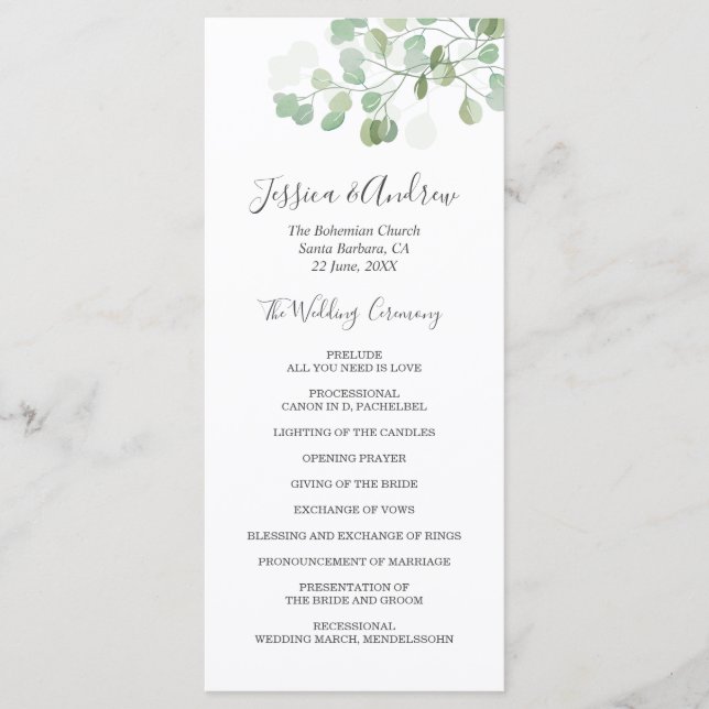 Eucalyptus Wedding Ceremony Program Foliage Menu (Front)