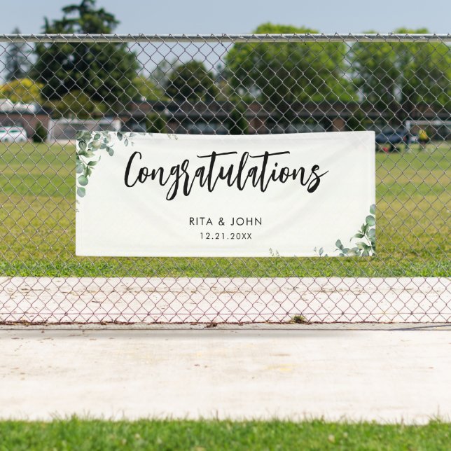 Eucalyptus Wedding Congratulations Handwriting Banner (Insitu)