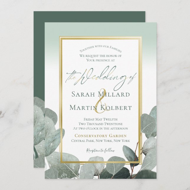 Eucalyptus wedding dusty blue greenery wedding invitation (Front/Back)