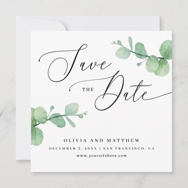 Eucalyptus Wedding | Elegant Greenery Garden Photo Save The Date (Front)