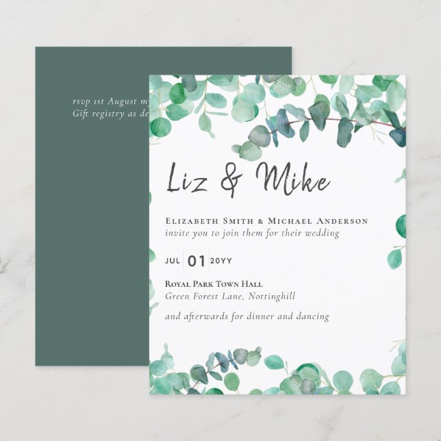 Eucalyptus Wedding Invitation Budget Greenery Leaf (Front/Back)