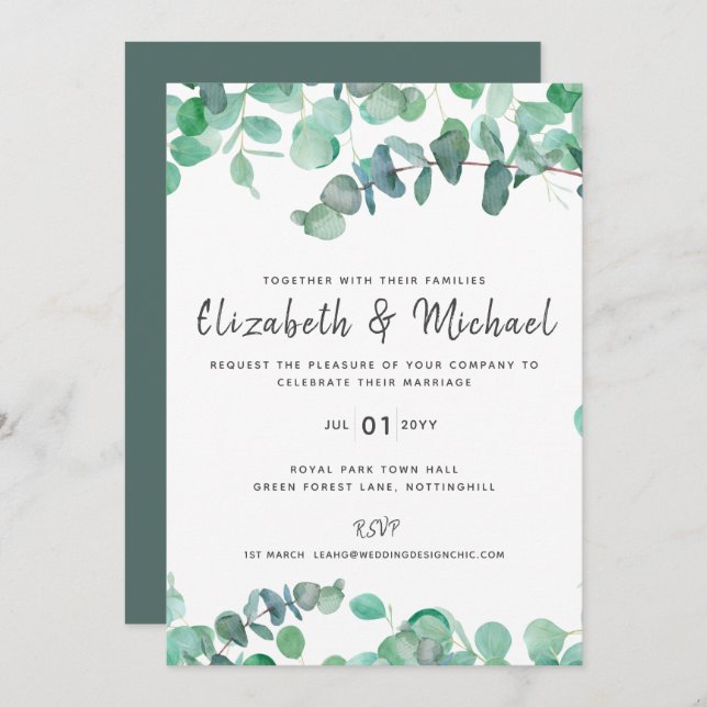 Eucalyptus Wedding Invitation Budget Greenery Leaf (Front/Back)