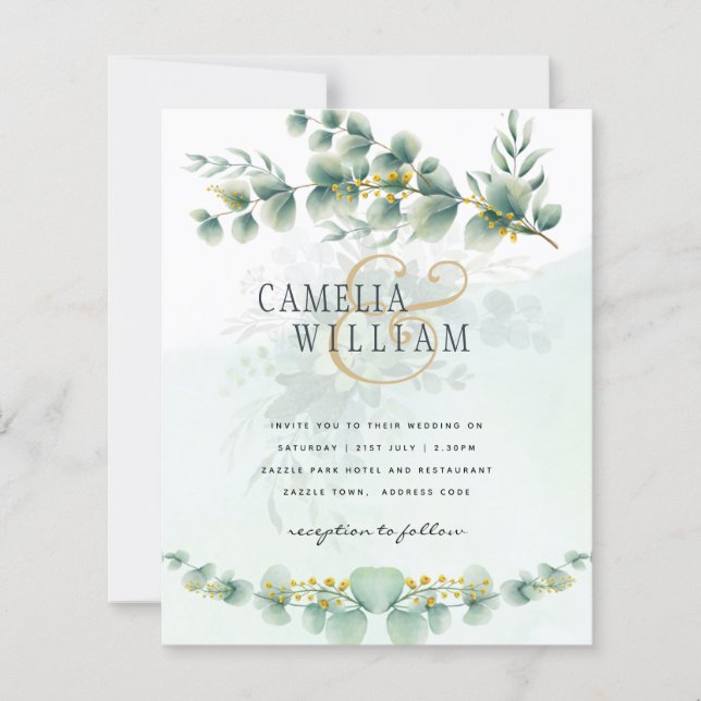 Eucalyptus Wedding Invitation Modern Greenery Gold (Front)