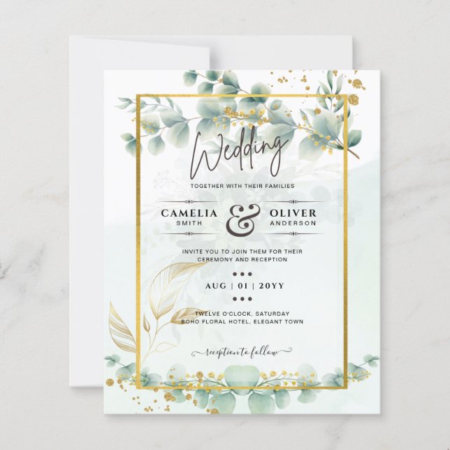 Eucalyptus Wedding Invitation Modern Greenery Gold (Front)