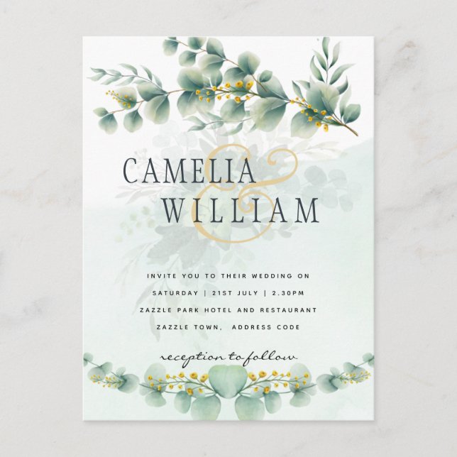 Eucalyptus Wedding Invitation Modern Greenery Gold Postcard (Front)