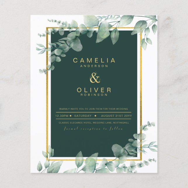 Eucalyptus Wedding Invitations Emerald Green Gold Flyer (Front)