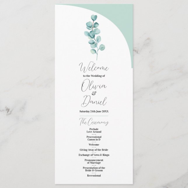 Eucalyptus Wedding Menu Ceremony Leaves Green (Front)
