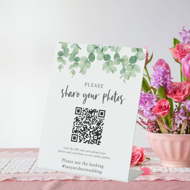 Eucalyptus Wedding Photo Album QR Code Welcome Pedestal Sign (Creator Uploaded)