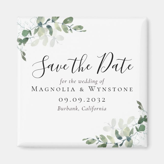 Eucalyptus Wedding Save The Date Square Magnet (Front)