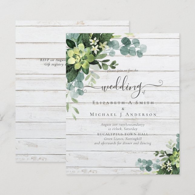 Eucalyptus Wedding Watercolor Greenery Invitations (Front/Back)
