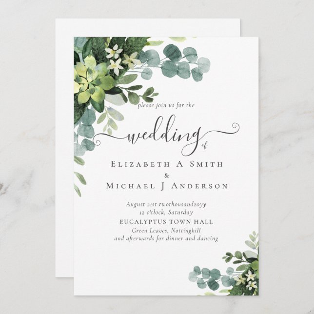 Eucalyptus Wedding Watercolor Greenery Invitations (Front/Back)