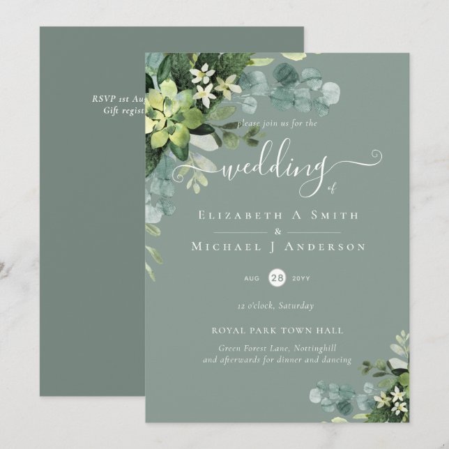 Eucalyptus Wedding Watercolor Greenery Invitations (Front/Back)